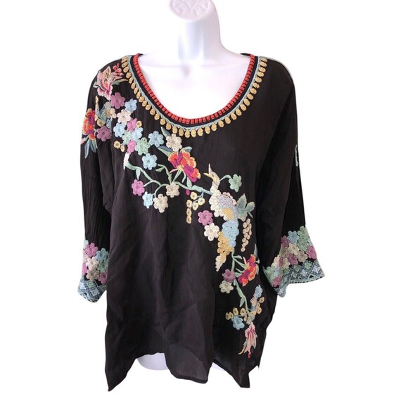 JOHNNY WAS Merielle Blouse Black Embroidered Tunic Top Size Large - Picture 1 of 15